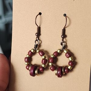 Handmade Beaded Hoop Earrings, Wood And Metal